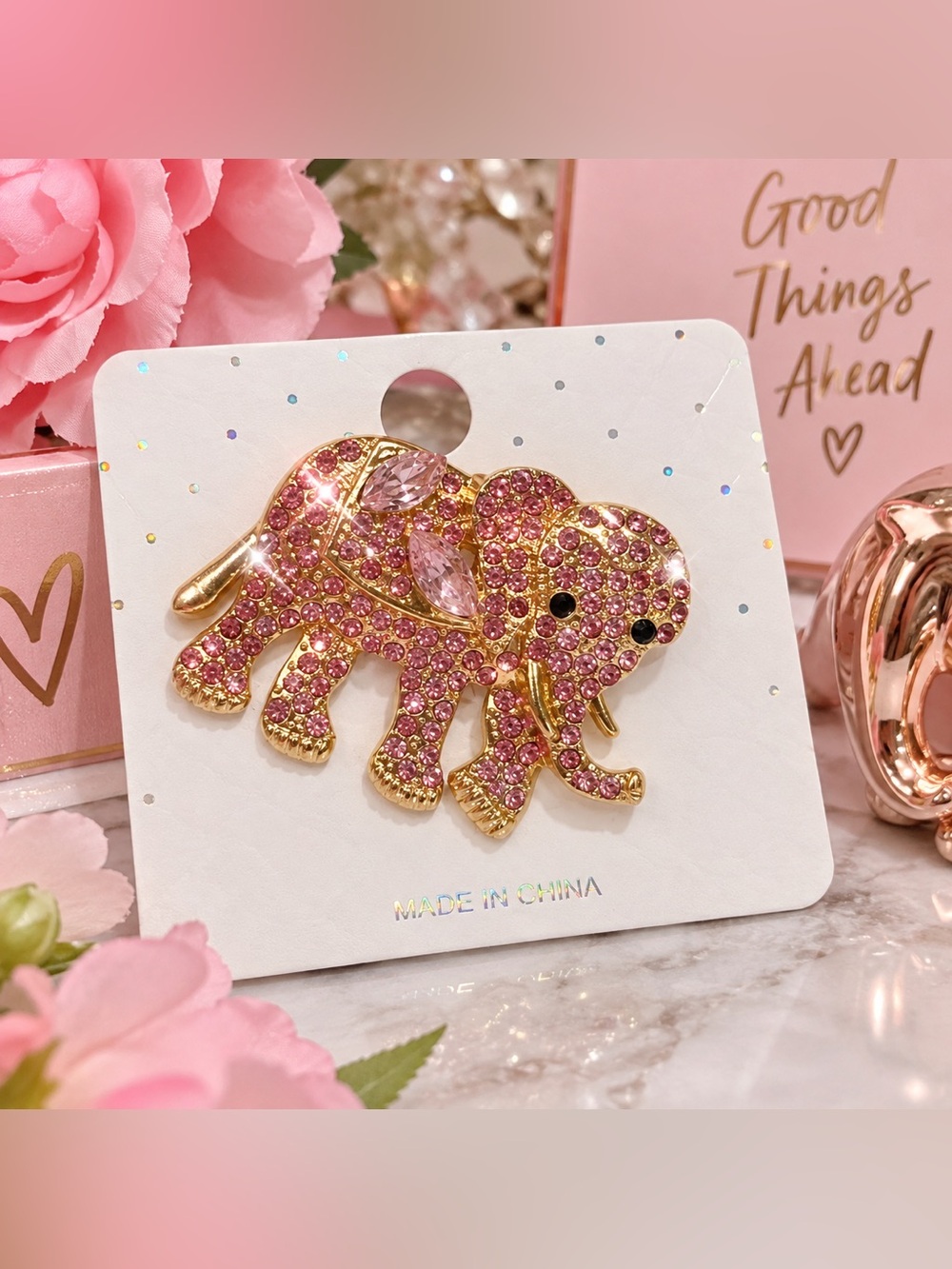✨ Gorgeous Pink Elephant Rhinestone Brooch Pin – Gold-Tone Sparkle – NWT ✨
